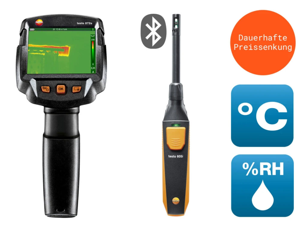 testo 872s Baudiagnose-Set - Wärmebildkamera testo 872s mit Bluetooth-Feuchtefühler testo 605i